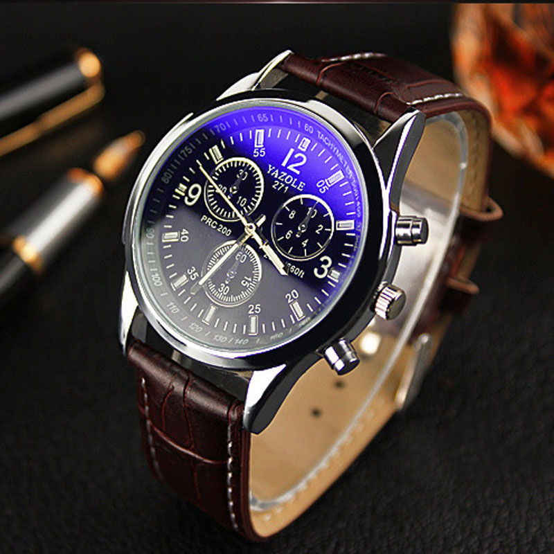  Luxury Fashion Faux Leather Mens Blue Ray Glass Quartz Analog Watches Brown