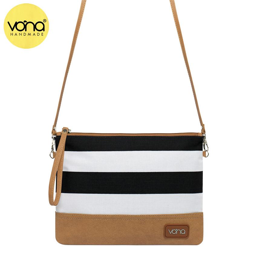 VONA Ava (Merah Putih) - Tas Wanita Selempang Sling Bag Clutch Kanvas Garis Strip