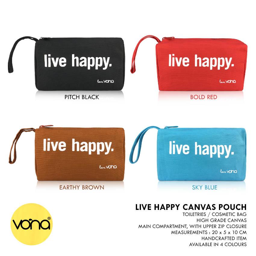 VONA Live Happy (Hitam) - Pouch Cosmetics Toiletries Universal Wristlet Dompet MakeUp Tas Kanvas Shower Peralatan Mandi