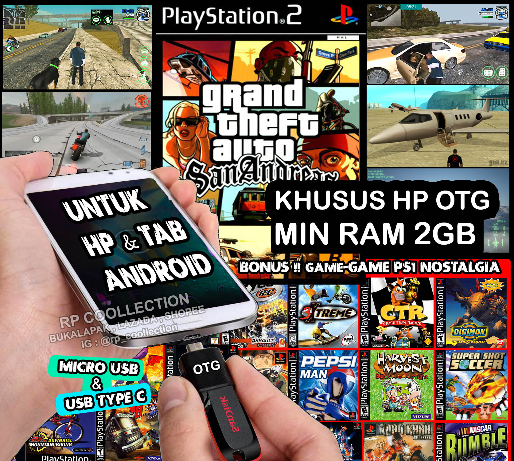 Untuk HP Android Game GTA SA plus 19 Game PS1 dalam Flashdisk Sandisk 16GB Original plus OTG Type C Micro USB Gamepad Joystick charger headset bluetooth Untuk HP Android Game GTA SA plus 19 Game PS1 dalam Flashdisk Sandisk 16GB Original plus OTG Type C Micro USB Gamepad Joystick charger headset bluetooth