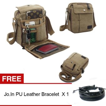 (Kualitas tinggi) Jo.In Men Kanvas Vintage Multifungsi Travel Satchel /Tas Selempang - Khaki + Gratis Gelang Kulit PU