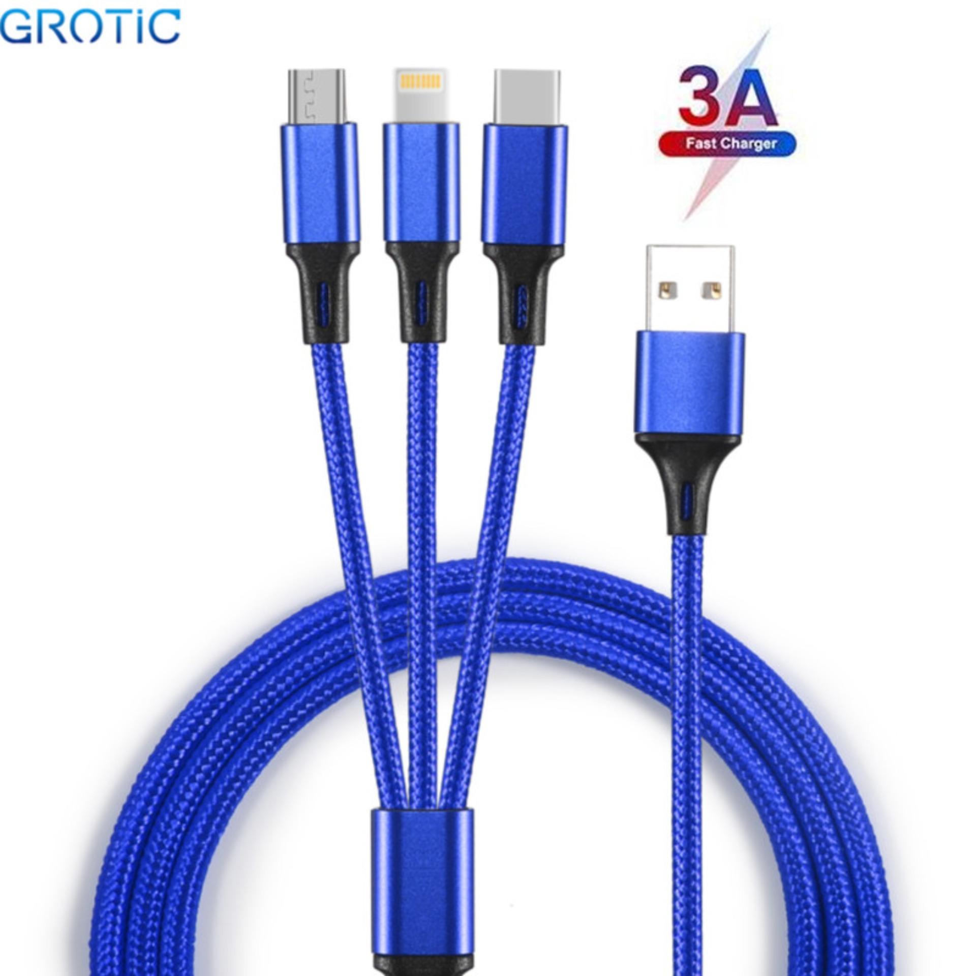 GROTIC Kabel Charger 3 in 1 3A Micro USB Type C Lighning Fast Charging 1.2M Nylon Braided Cable untuk Xiaomi Samsung Huawei iPhone GROTIC Kabel Charger 3 in 1 3A Micro USB Type C Lighning Fast Charging 1.2M Nylon Braided Cable untuk Xiaomi Samsung Huawei iPhone