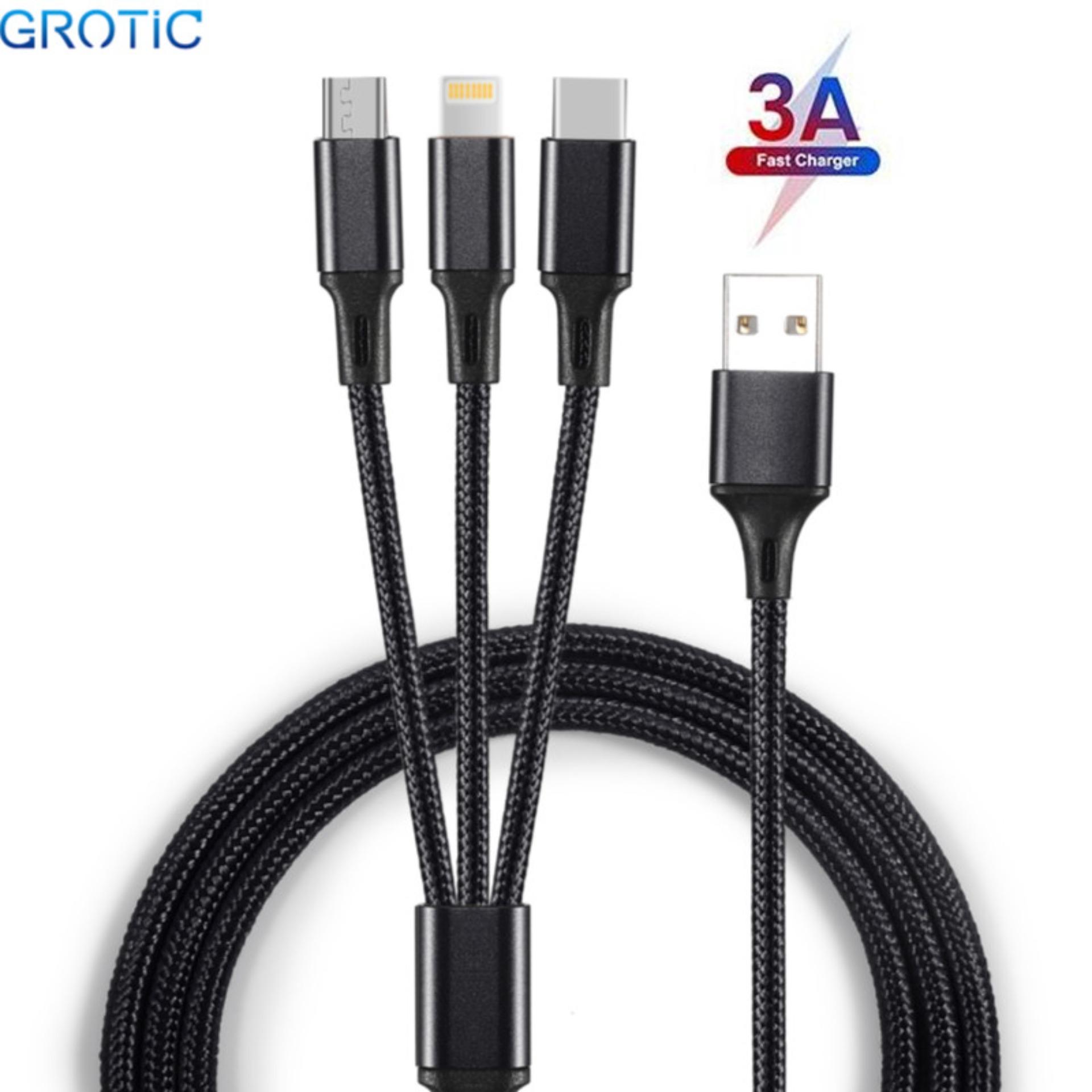 GROTIC Kabel Charger 3 in 1 3A Micro USB Type C Lighning Fast Charging 1.2M Nylon Braided Cable untuk Xiaomi Samsung Huawei iPhone GROTIC Kabel Charger 3 in 1 3A Micro USB Type C Lighning Fast Charging 1.2M Nylon Braided Cable untuk Xiaomi Samsung Huawei iPhone