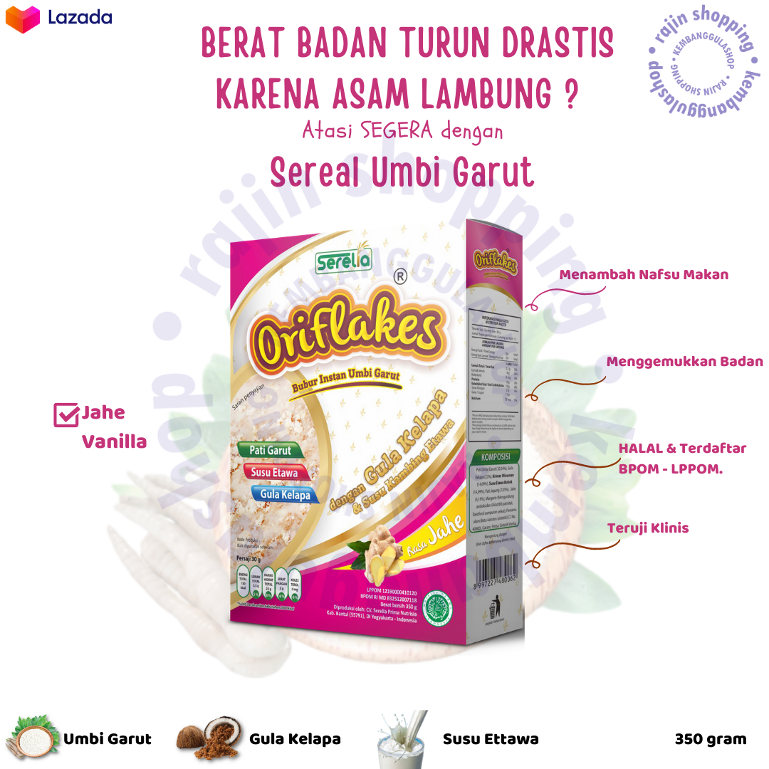 Oriflakes 350 gram Gastro Susu Ettawa - JAHE - Sereal Umbi Garut Asam Lambung Maag Gerd Oriflakes 350 gram Gastro Susu Ettawa - JAHE - Sereal Umbi Garut Asam Lambung Maag Gerd