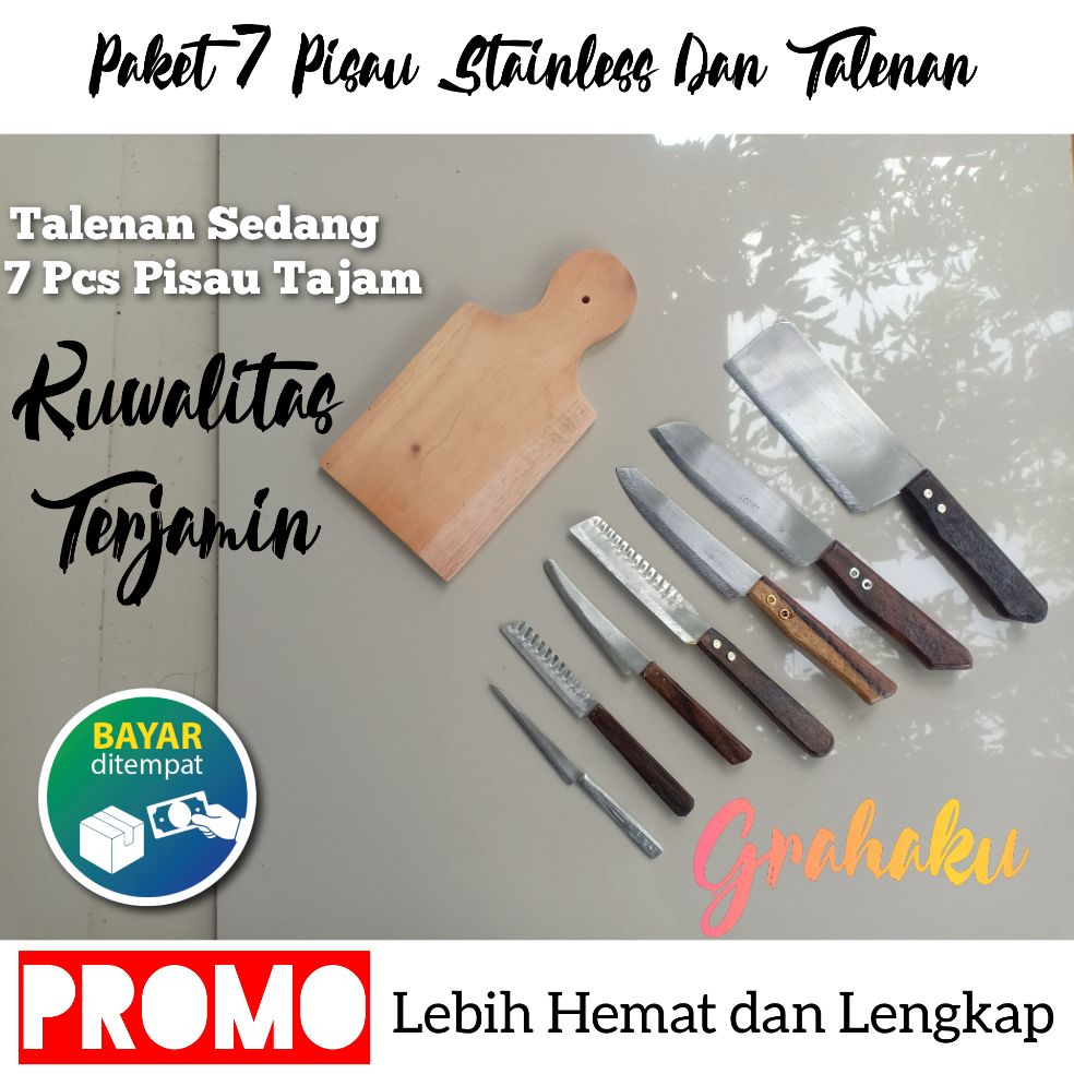 Paket Hemat Pisau Dapur 7 Pcs - Talenan Kayu Jati - Pisau Cacah Daging Stainless - Pisau Tajam Murah Paket Hemat Pisau Dapur 7 Pcs - Talenan Kayu Jati - Pisau Cacah Daging Stainless - Pisau Tajam Murah
