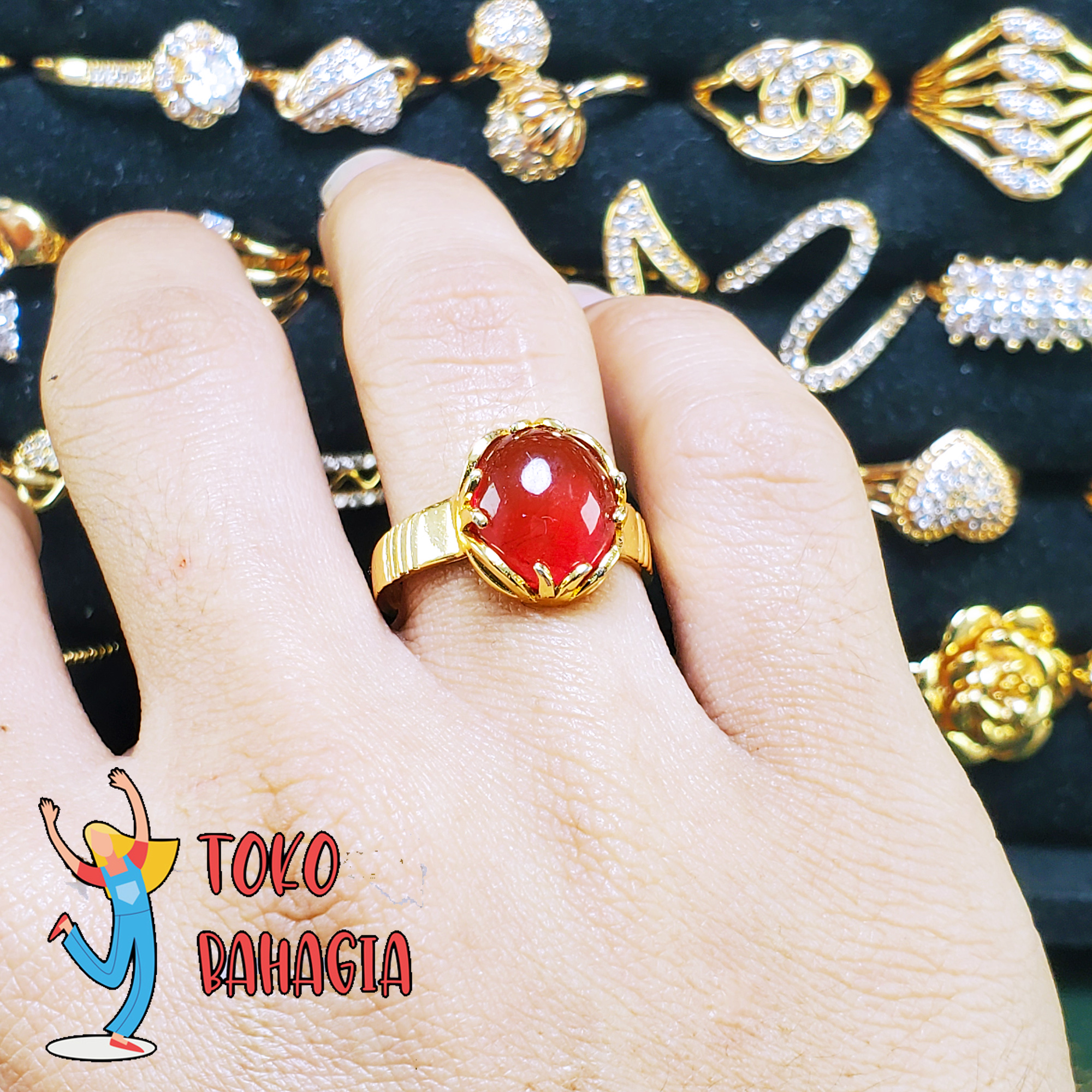 Bahagia Store Cincin Fhasion Wanita Cantik Motif Batu Merah Delima Bulat Gold 24 K Bahagia Store Cincin Fhasion Wanita Cantik Motif Batu Merah Delima Bulat Gold 24 K