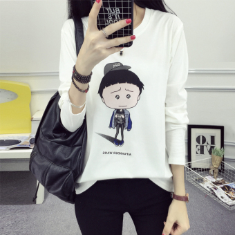 Xianyuansu Kaos Wanita Lengan Panjang Model Longgar Motif Cetak Kartun 3 Warna (172 (putih