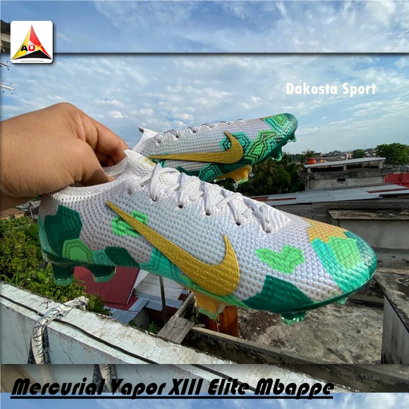 Sepatu Sepakbola Cheklist Pro Mercurial Vapor XIII Elite Mbappe FG - Silver Green Gold Premium Quality Sepatu Sepakbola Cheklist Pro Mercurial Vapor XIII Elite Mbappe FG - Silver Green Gold Premium Quality