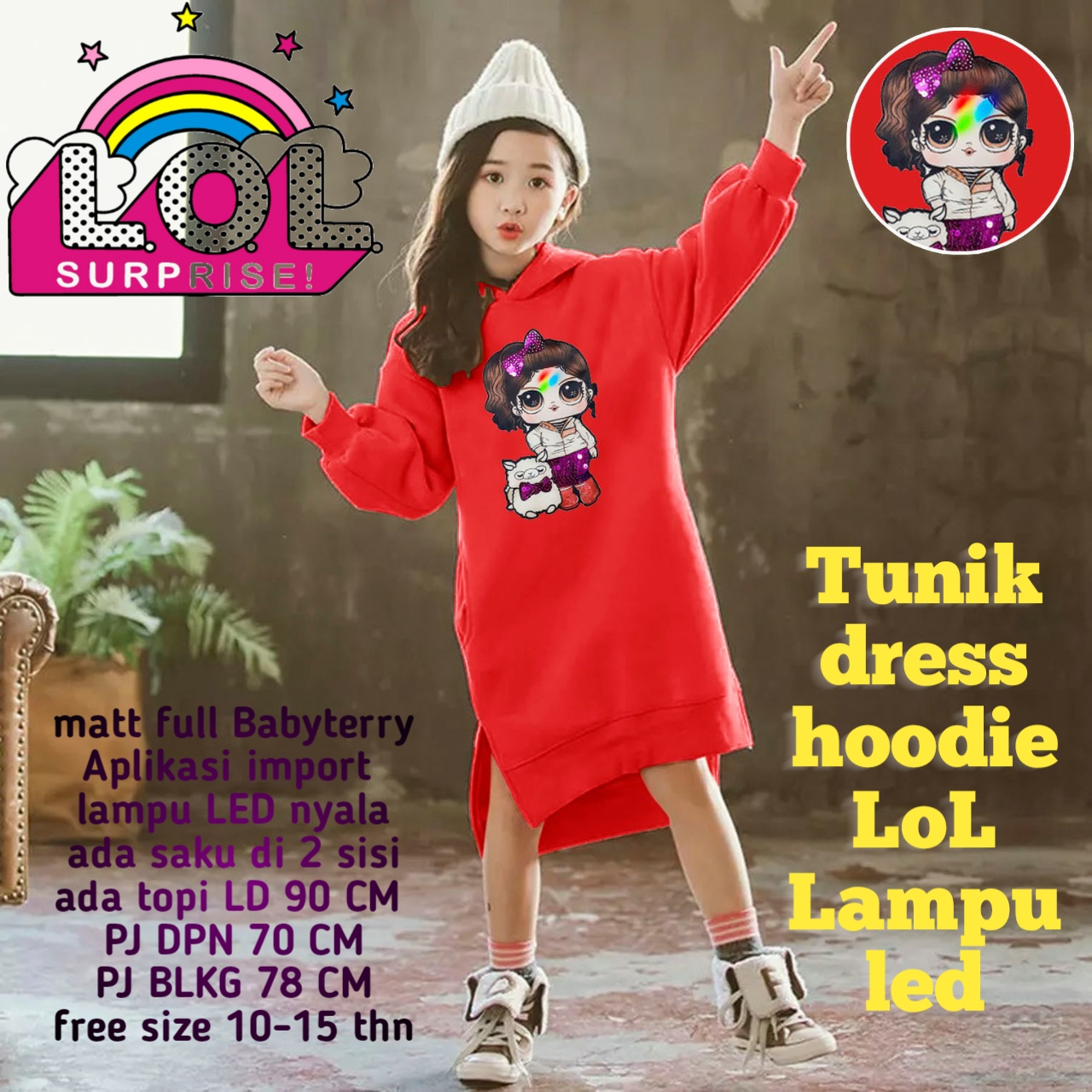 Tunik Dres Anak Perempuan Hoodie LOL Lampu Aplikasi LED Bisa Nyala Pada Gambar Tahan Air Bila DI cuci.. Tunik Dres Anak Perempuan Hoodie LOL Lampu Aplikasi LED Bisa Nyala Pada Gambar Tahan Air Bila DI cuci..