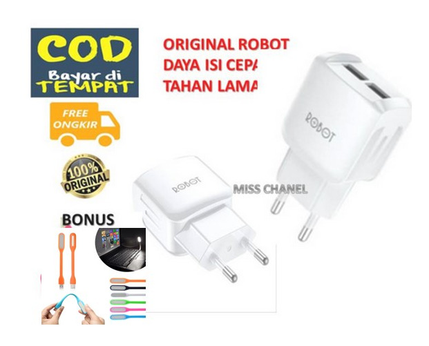 (PROMO HEMAT) - Charger Fast Charging Original Robot 2 Port USB 2.4A Fast Charging / Batok Charger Robot 2 USB Port - Putih // BONUS USB LED (PROMO HEMAT) - Charger Fast Charging Original Robot 2 Port USB 2.4A Fast Charging / Batok Charger Robot 2 USB Port - Putih // BONUS USB LED