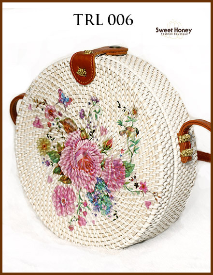 Sweet Honey ~ Tas Rotan Bali Bulat Lukis Deco Motif Bunga TRL006 20cm Sweet Honey ~ Tas Rotan Bali Bulat Lukis Deco Motif Bunga TRL006 20cm