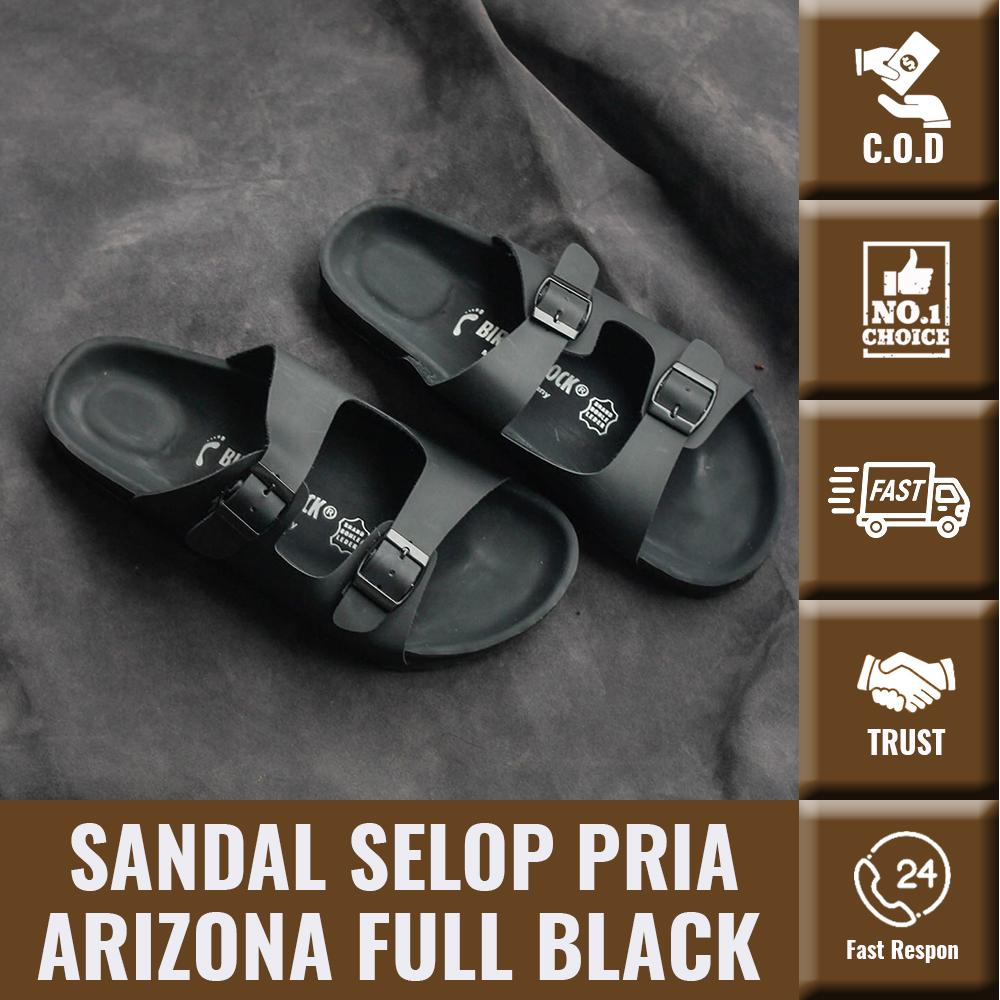 Sandal Selop Pria ARIZONA FULL BLACK StrIp 2 Gesper 2 PREMIUM Sandal Selop Pria ARIZONA FULL BLACK StrIp 2 Gesper 2 PREMIUM