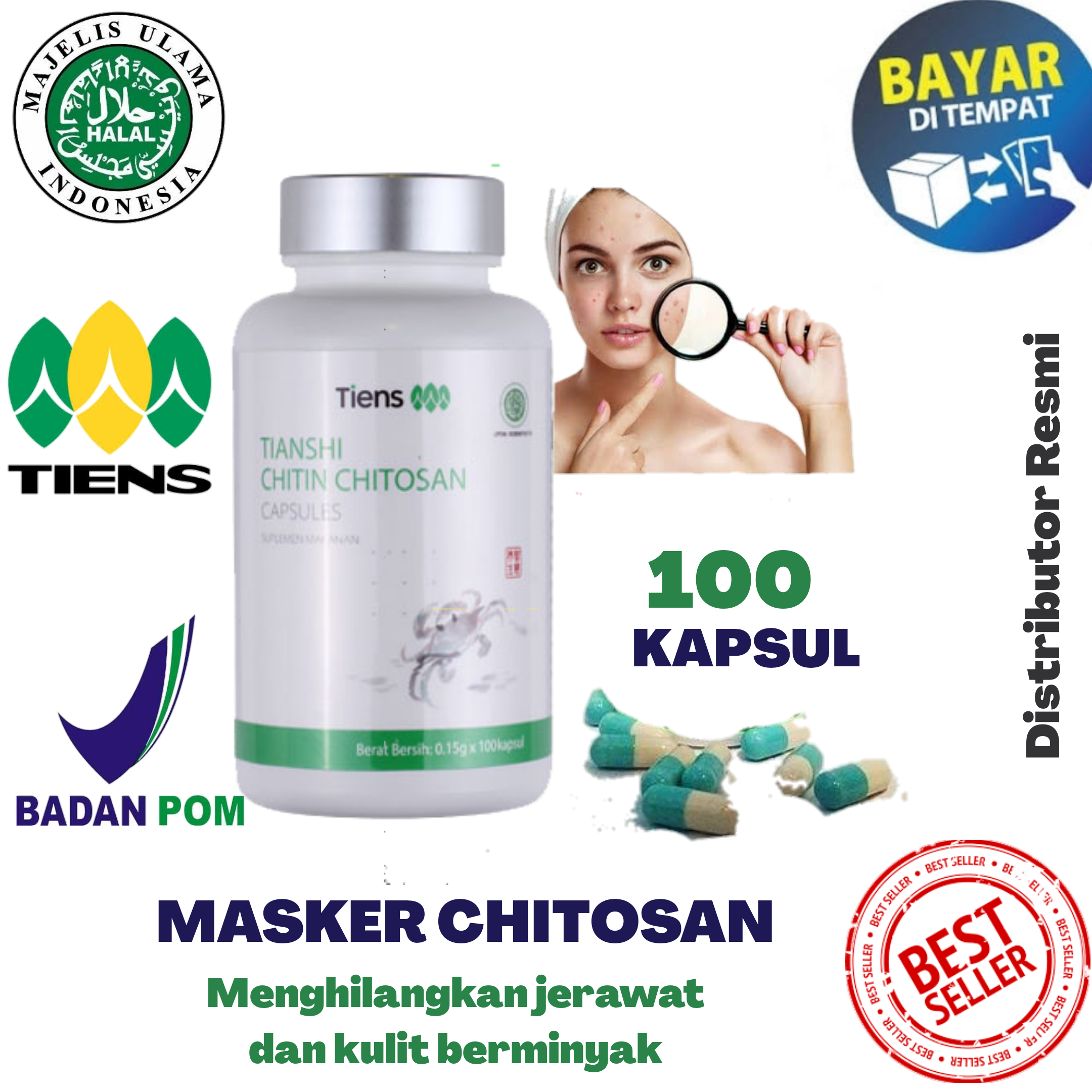 Masker Penghilang Bekas Jerawat Hitam Berminyak Chitin Chitosan isi 100 Kapsul + gratis kuas cantik - Glowing - Pencerah Kulit by RK HERBAL TIENS Masker Penghilang Bekas Jerawat Hitam Berminyak Chitin Chitosan isi 100 Kapsul + gratis kuas cantik - Glowing - Pencerah Kulit by RK HERBAL TIENS