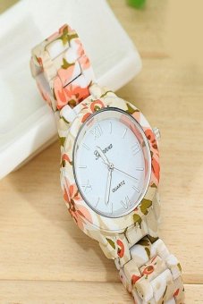 Originality Fashion Ladies Floral Acrylic Watch Strap Geneva Alloy Watch Dial (Cream Pink Flowers)