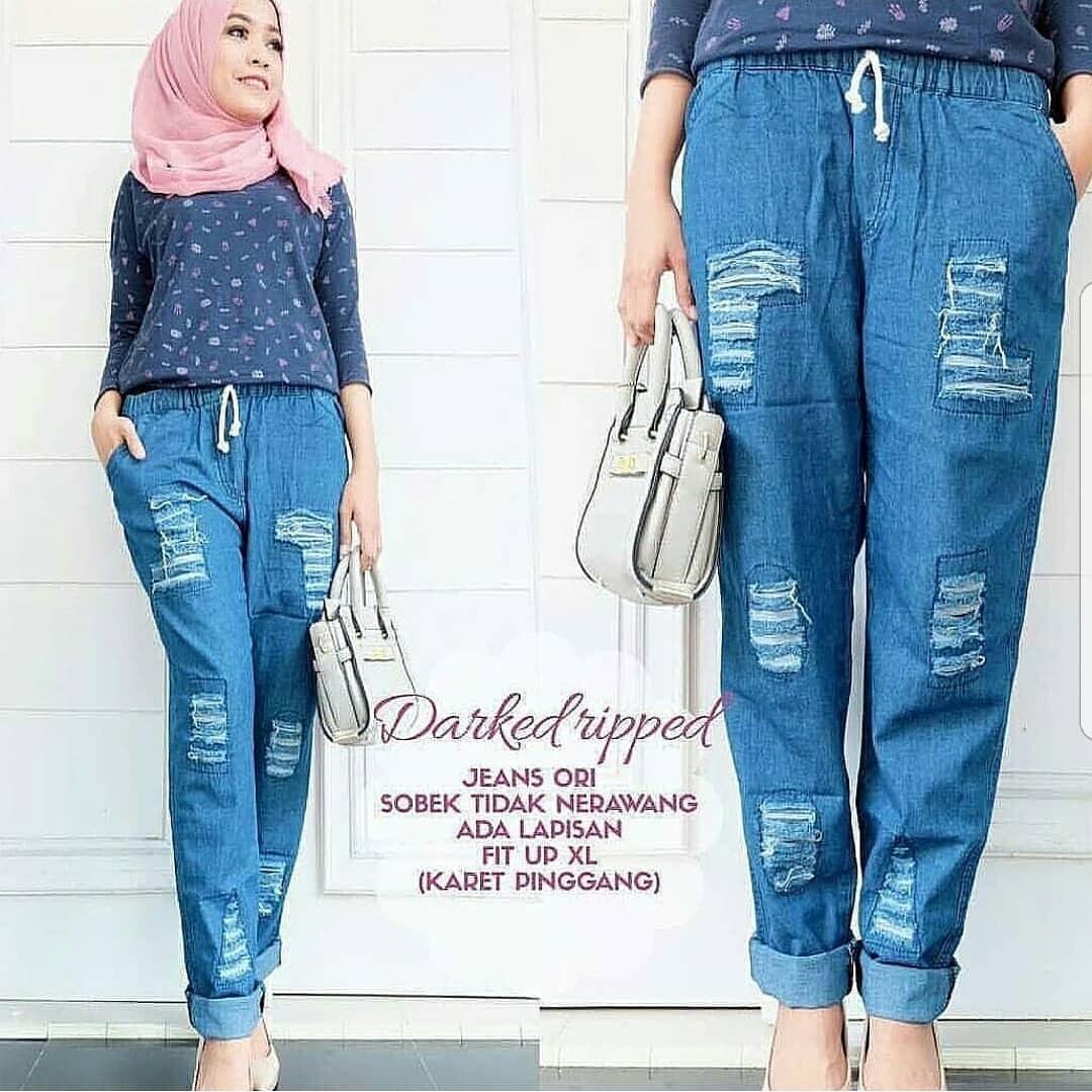 OEM Baju Original Ripped Pants Jeans Celana Panjang Cewek Kulot Wanita Muslim Joger Muslimah Murah Simple Trend 2018