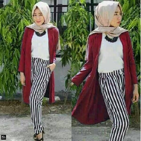 Busana Muslim 4In1 Cardi + Inner + Celana + Pashmina Blue Salur Hijab