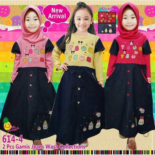 Promo Baju Muslim Gamis Anak Perempuan Little Pineapple Kaos Jeans Tsum Tsum Berkualitas