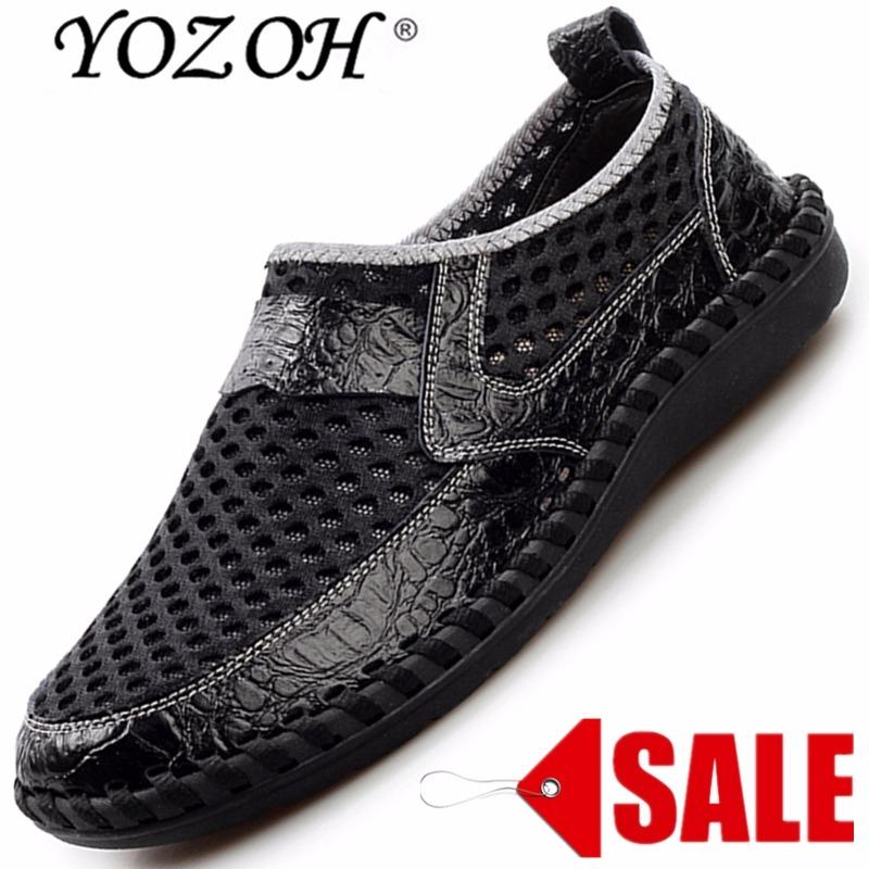 YOZOH Musim Panas Bernapas Mesh Sepatu Sepatu Kasual Pria Kulit Asli SLIP ON Brand Fashion Sepatu Musim Panas Pria Lembut Nyaman-hitam