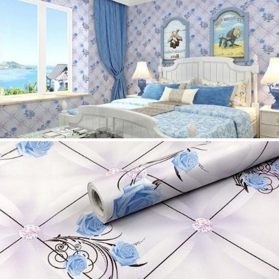 Termurah Wallpaper Sticker Dinding Ungu Motif Kotak Bunga Mawar Biru Permata Elegant Bagus Cantik Sekali 10