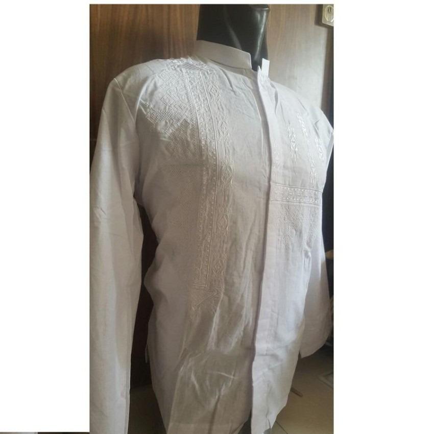 Baju Koko Pria Lengan Panjang Bahan Katun - Bordir Putih