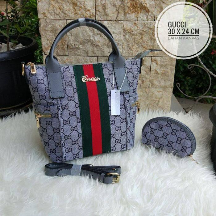 Tas Selempang Handbag Branded Gucci Kanvas Kuliah Kerja Warna Grey