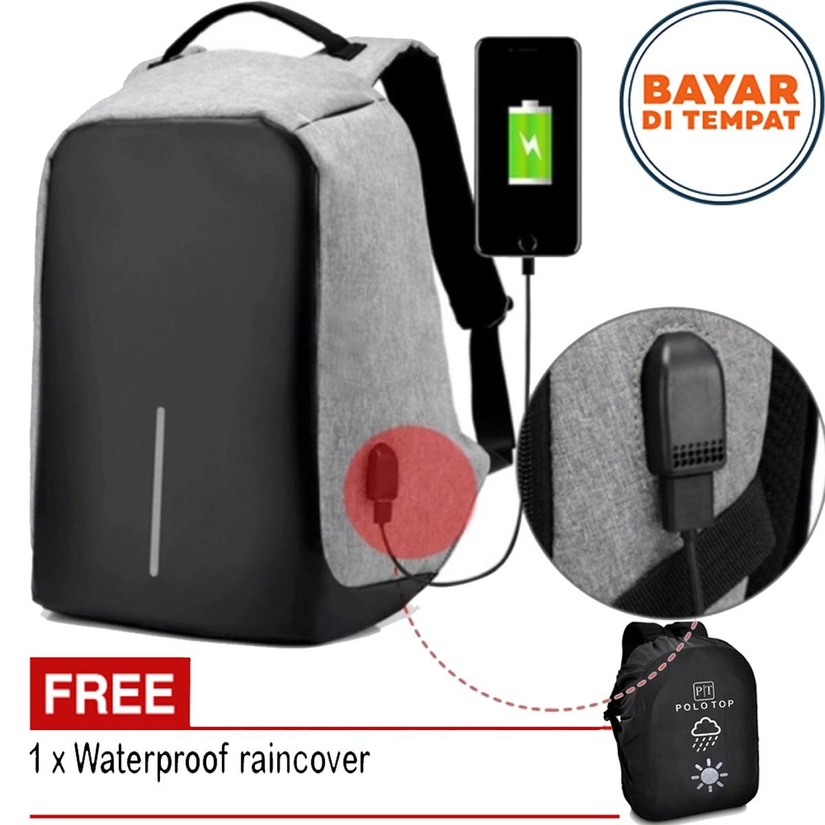 Tas Ransel Polo Top Tas Laptop Tas Ransel USB Tas Charger Tas Punggung Tas Kerja 9901 Tas Anti Maling Tas Polo Import Original - Black Grey