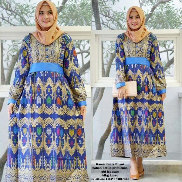 gamis batik bahan katun warna biru GB234