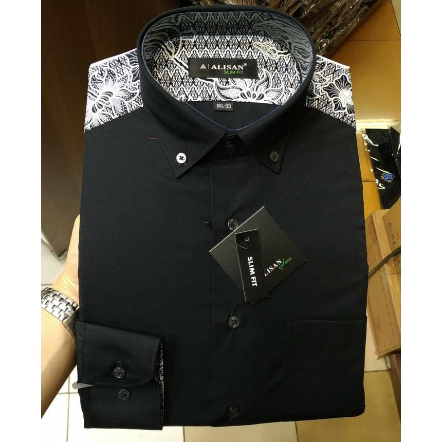 Kemeja Pria Alisan Slimfit Panjang Hitam Kombinasi Pundak Batik - Yhjjkb