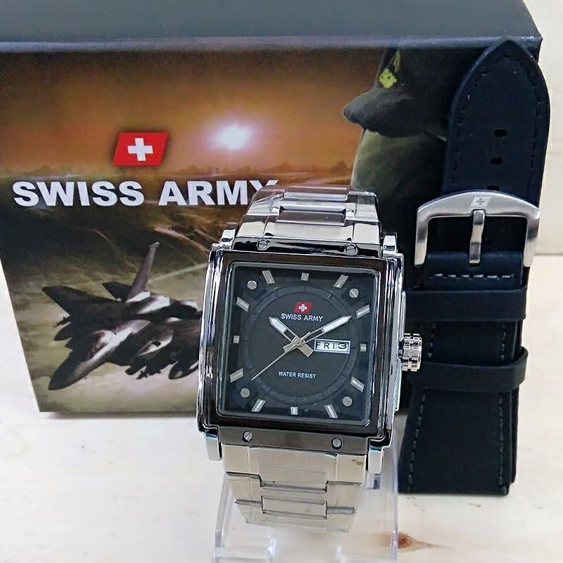 Swiss Army Trendy Sporty Fashion Jam Tangan Pria Crono/Tanggal Aktif Tali Rantai Stainnless Free ( Kotak Swiss Army & TALI KULIT) Model Terbaru