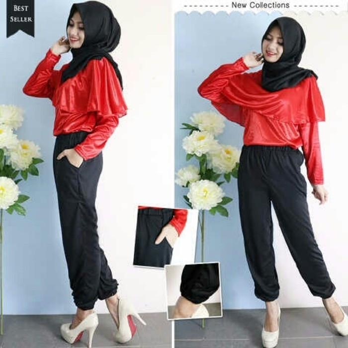 Busana Muslim 3In1 Pashmina Black Red Cape Hijab Saten Xima Chic Hotd