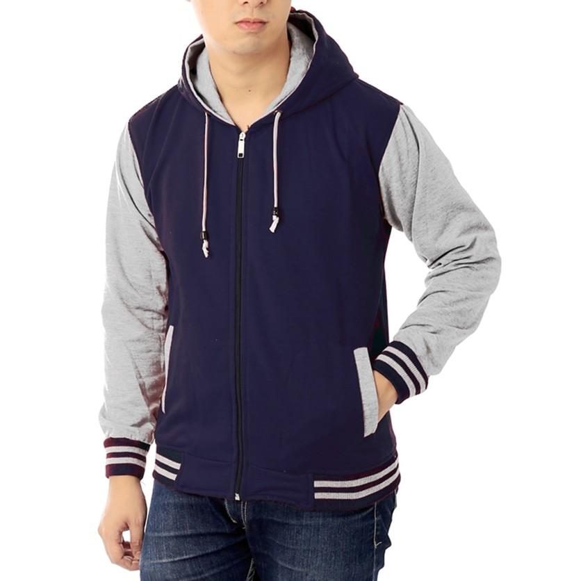 Jaket Baseball Biru Navy Abu + Resleting & Tutup Kepala - Pria Wanita - Qdtmud