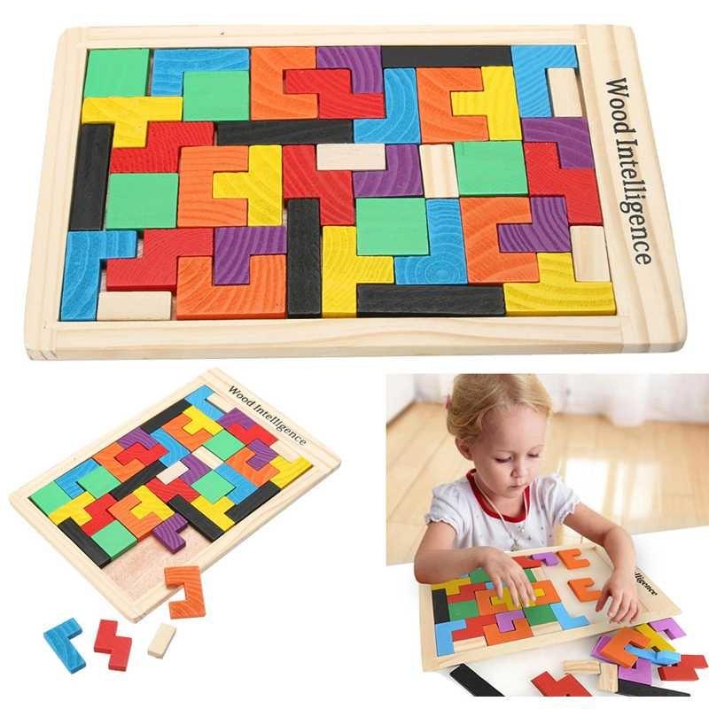 Eigia Mainan Puzzle Tangram Tetris Edukasi Anak Kids Toy Game Hadiah Kado Wooden Educational Toys Interactive Edukatif Kreatif Games Permainan Balok Susun Papan Full Color Material Kayu Safe for Children Aman s1822 - Multicolor