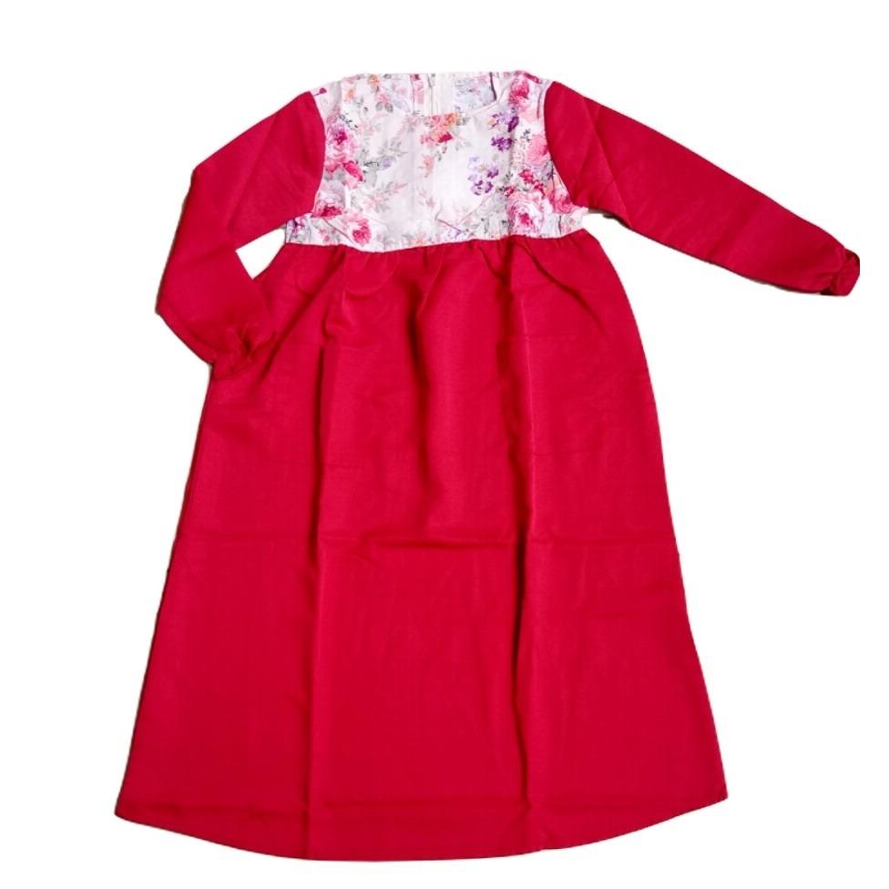 Gamis Katun Anak Casual Tanpa Jilbab Bunga Atas Rok Merah