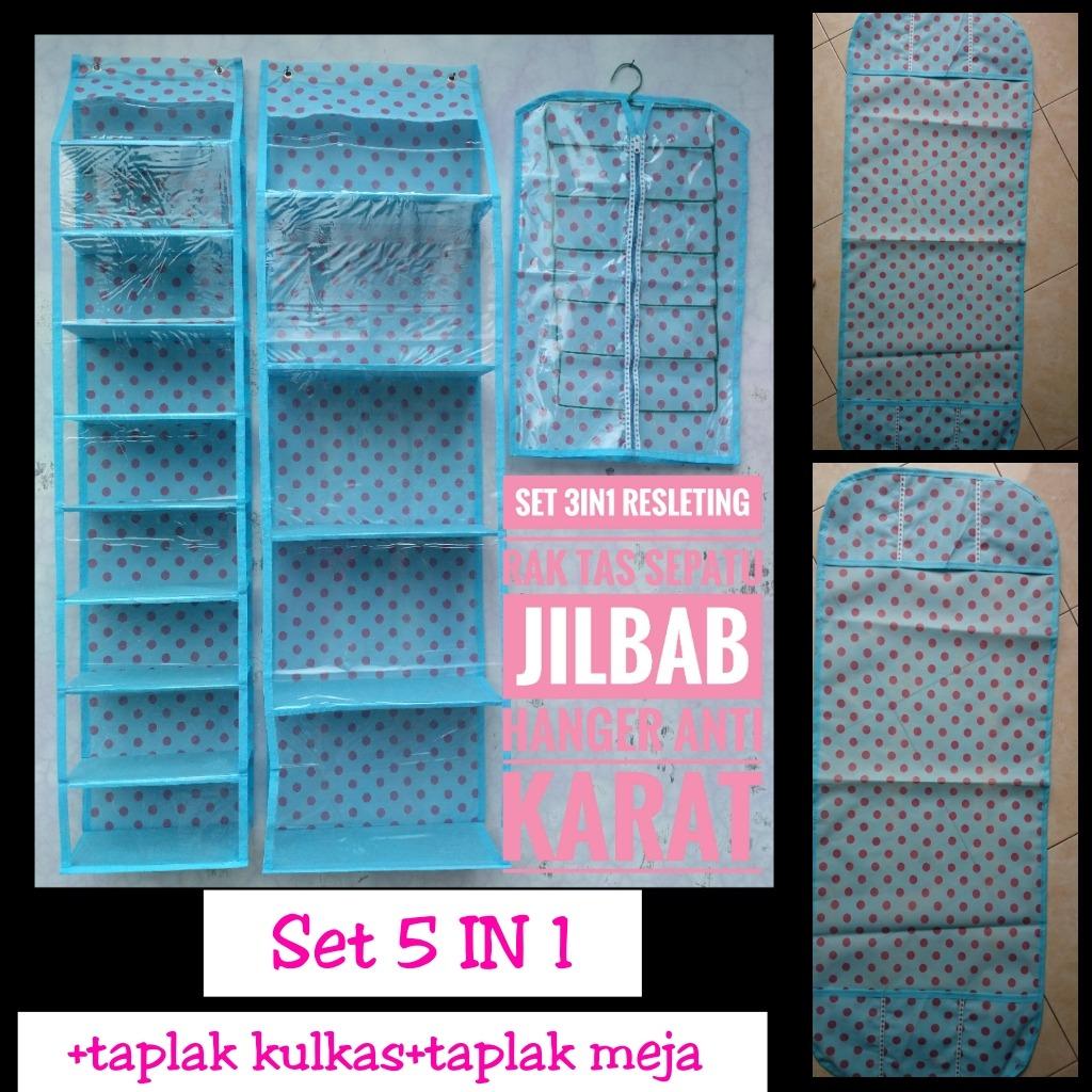 Set 5In1 RAK GANTUNG RESLETING +TAPLAK KULKAS +TAPLAK MEJA BIRU POLKADOT