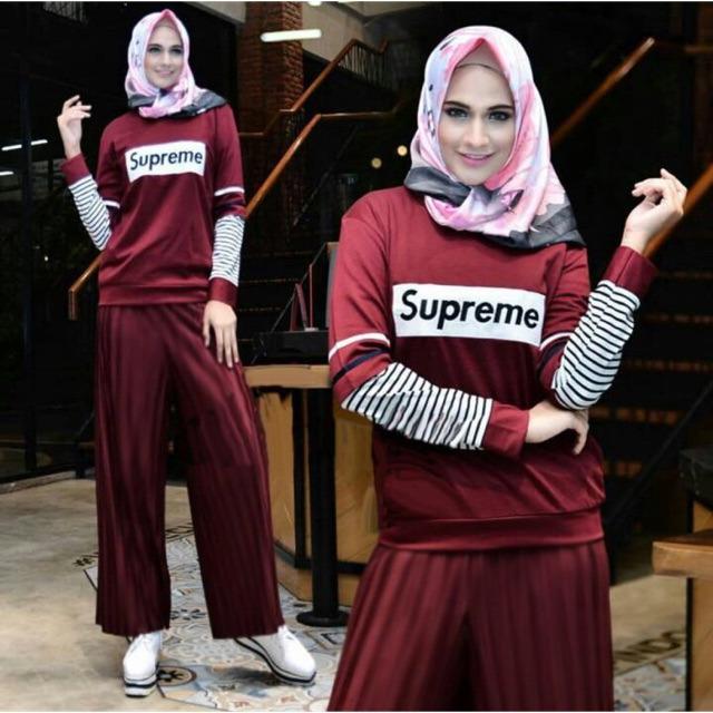 Damai fashion - setelan hijab wanita Halimah salur - baju murah konveksi tanah abang 2warna