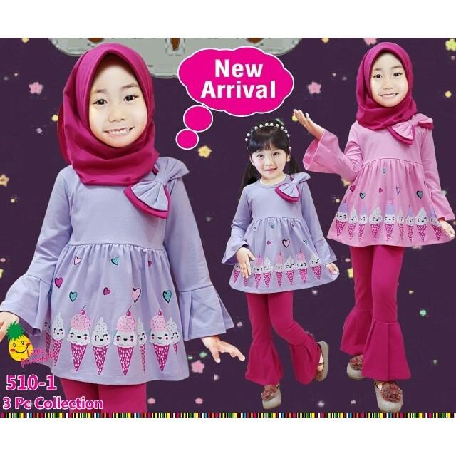 Dijual Baju Muslim Anak Perempuan Little Pineapple Ice Cream Celana Cutbray Berkualitas