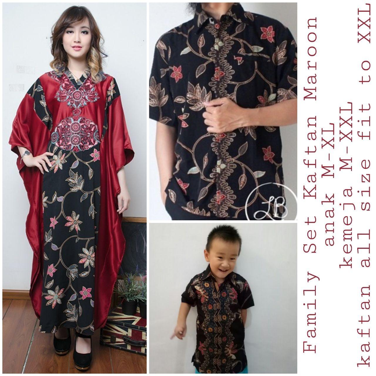 Glow fashion Stelan couple batik family 3in1 baju batik dan gamis kaftan bapak dan anak atasan kemeja pria dewasa dan kemeja anak-anak dan dress maxi panjang gamis kaftan wanita jumbo long dress Debbie