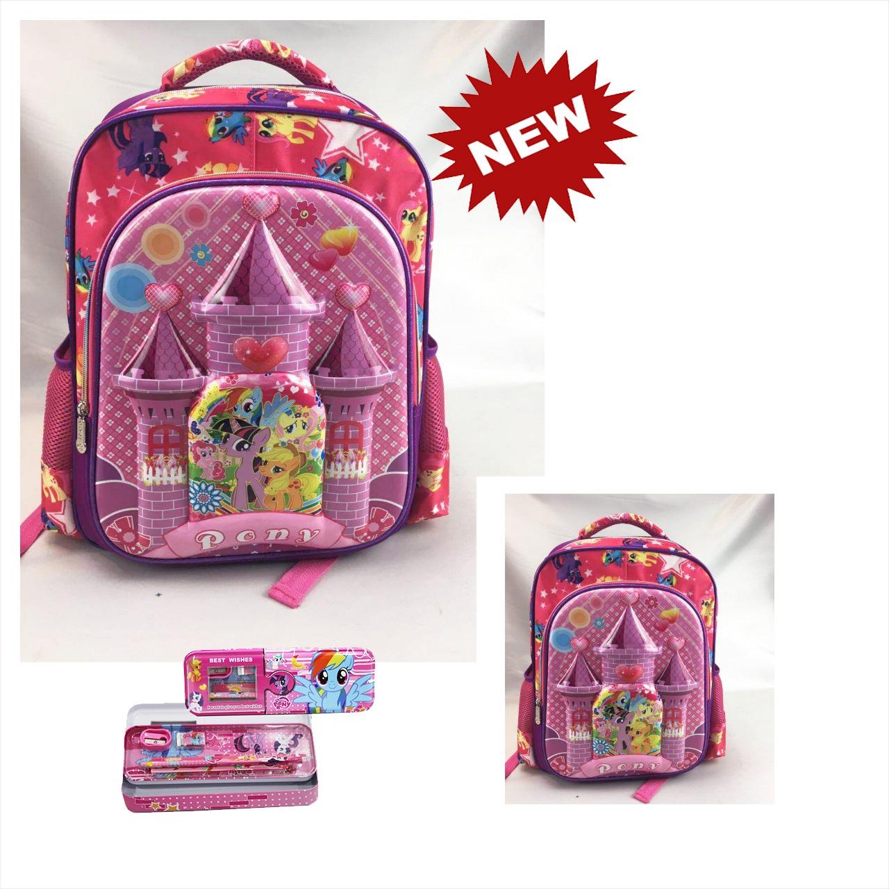 Onlan Tas Ransel Anak Perempuan SD Import dan Kotak Pensil Alat Tulis - Pink