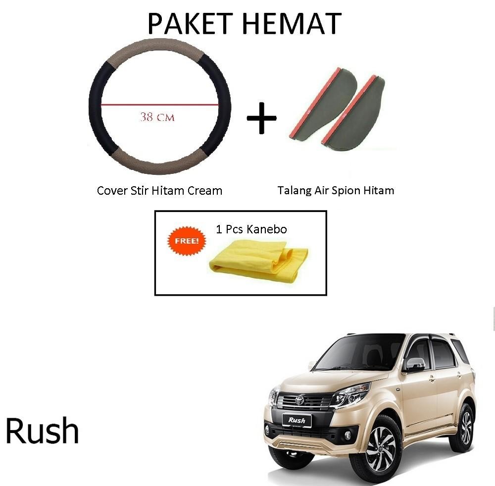 Sarung / Cover Stir / Setir / Steer Mobil Rush Warna Hitam Cream + Talang Air Spion Hitam