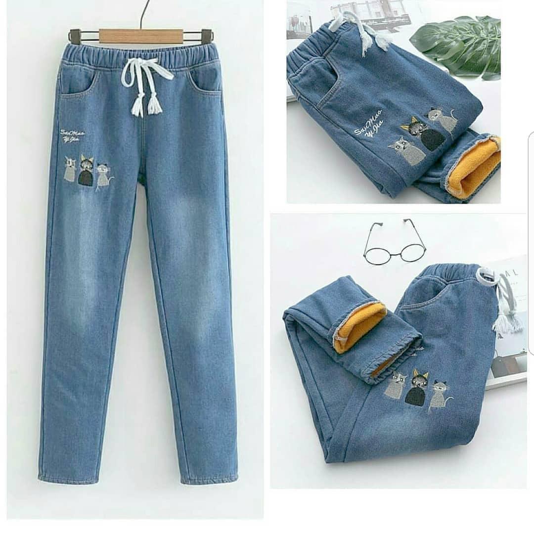 OEM Baju Original Two Cat Pants Jeans Celana Panjang Cewek Kulot Wanita Muslim Joger Muslimah Murah Simple Trend 2018