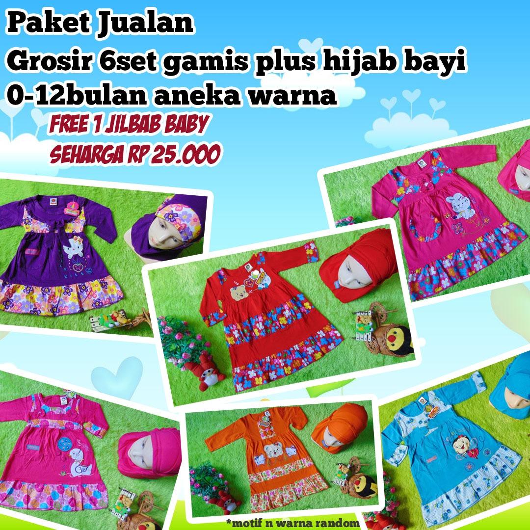 kembarshop - BONUS JILBAB paket jualan grosir 6 set gamis baju muslim anak bayi baby cewek perempuan 0-12bulan plus jilbab hijab aneka warna