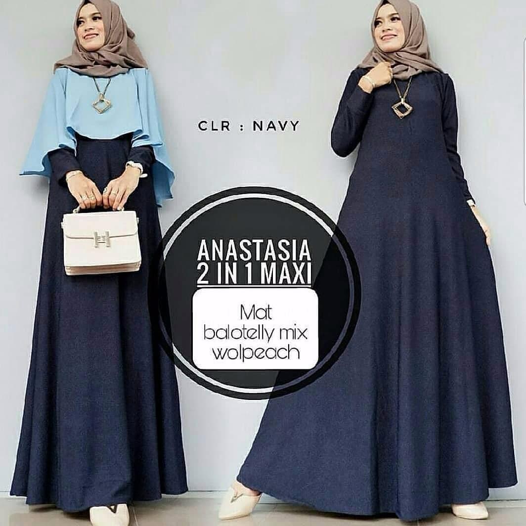 Baju Original Gamis Anastasia 2in1 Dress Baju Panjang Muslim Casual Wanita Pakaian Hijab Modern Modis Trendy Terbaru 2018 