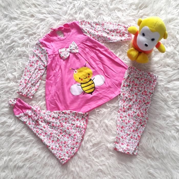 Baju Setelan Muslim Kerudung Anak Bayi Perempuan Lebah Bunga Kecil / baju anak perempuan termurah / bju anak perempuan terlaris / baju anak perempuan jilbab keren