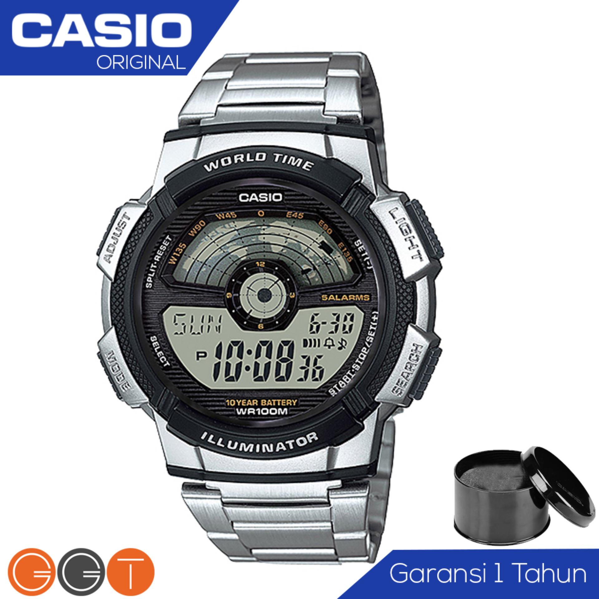 CASIO Illuminator AE-1100WD-1AVDF - Jam Tangan Pria - Tali Logam Stainless Stell - Digital Movement - Silver Hitam