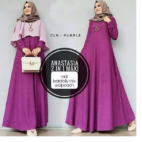 Baju Original Gamis Anastasia 2in1 Dress Baju Panjang Muslim Casual Wanita Pakaian Hijab Modern Modis Trendy Terbaru 2018 