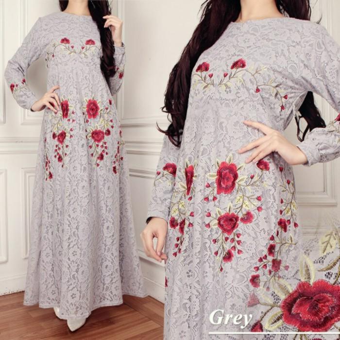 Cuci Gudang !!! Gamis Nisa Brokat Abu Baju Muslim Pesta Remaja Brukat Bordir Grey TK