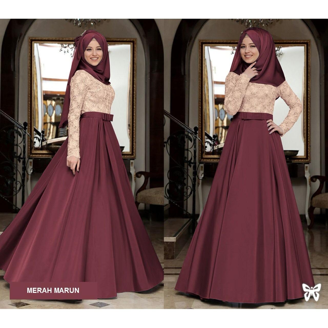Flavia Store Maxi Dress Lengan Panjang Set 2 in 1 FS0767 - MERAH MARUN / Gamis / Gaun Pesta Muslimah / Baju Muslim Wanita / Hijab / Srmahira