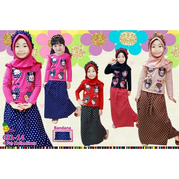 Dijual Baju Setelan Muslim Anak Perempuan LP Tsum Celana Rok Polkadot Bandana Murah