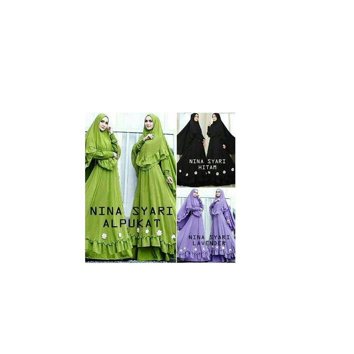 DNCCH SET HIJAB SYARI NINNA BAJU SETELAN GAMIS MUSLIM MODIS MURAH HIJAU ALPUKAT HITAM LAVENDER SPANDEK KOREA MISBIE PREMIUM BERGO TANPA PAD