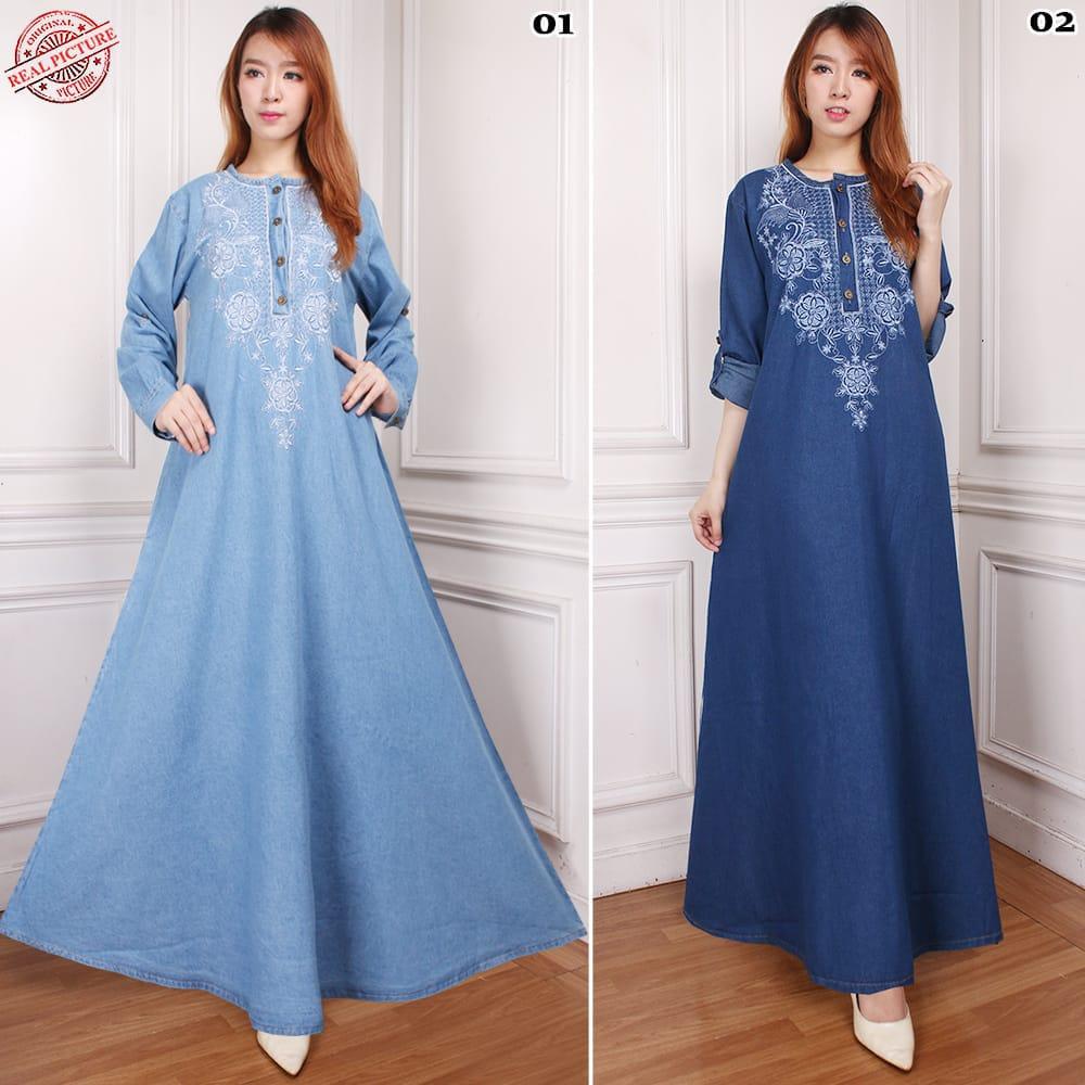 168 Collection Maxi Dress Mewya Longdress Payung Motif Jeans Jumbo Wanita
